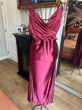 Satin Wrap Midi Dress in Burgundy - Women's Spaghetti Strap
